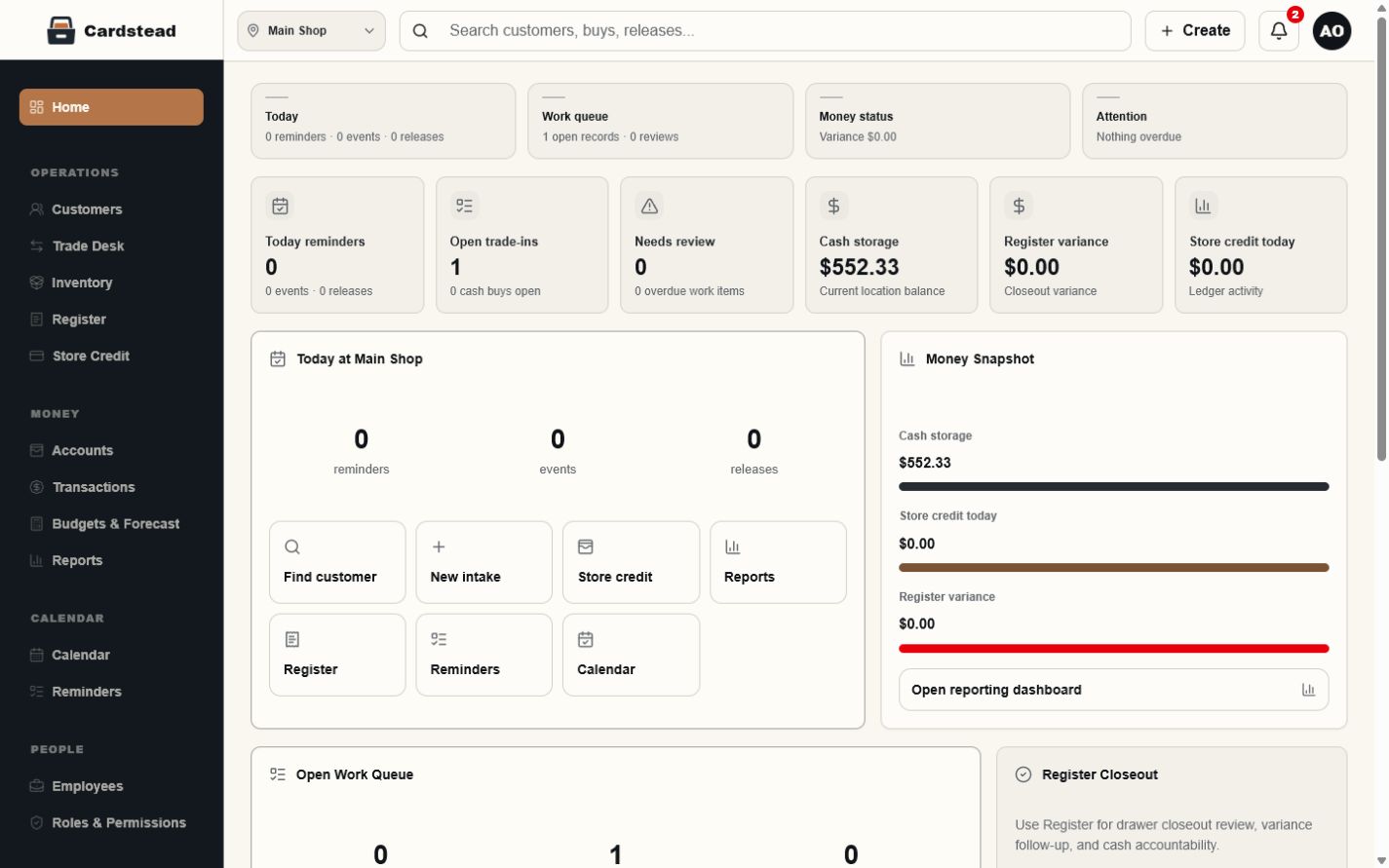 Cardstead dashboard showing daily shop work, register status, reminders, and upcoming activity